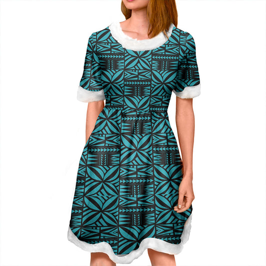 Samoa Women and Kid Christmas Dress Design Stretch Print Fabric Turquoise