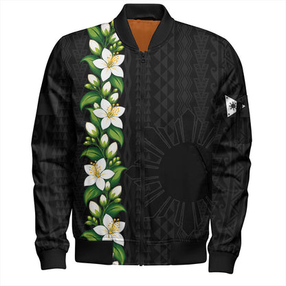 Philippines Filipinos Bomber Jacket Sampaguita Flower Tribal Polynesian Sun Island Style