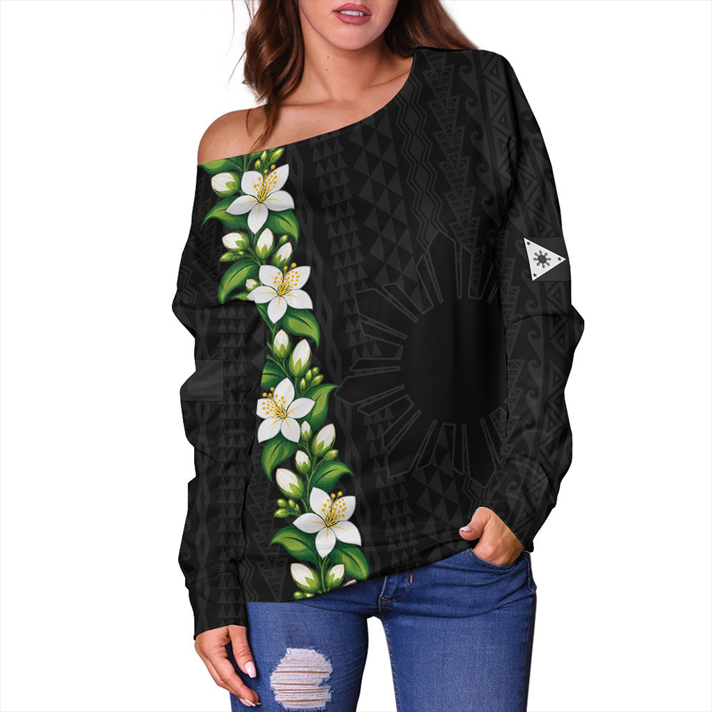 Philippines Filipinos Off Shoulder Sweatshirt Sampaguita Flower Tribal Polynesian Sun Island Style