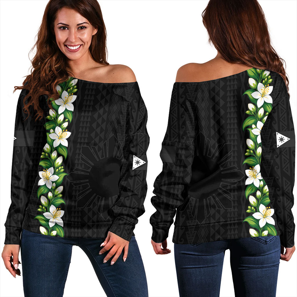 Philippines Filipinos Off Shoulder Sweatshirt Sampaguita Flower Tribal Polynesian Sun Island Style