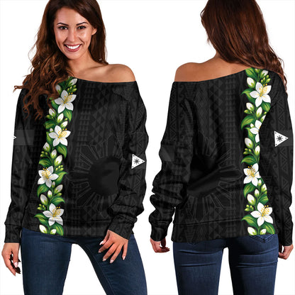 Philippines Filipinos Off Shoulder Sweatshirt Sampaguita Flower Tribal Polynesian Sun Island Style