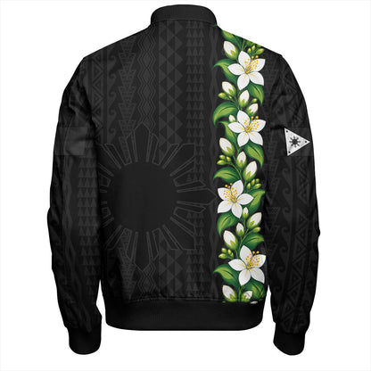 Philippines Filipinos Bomber Jacket Sampaguita Flower Tribal Polynesian Sun Island Style
