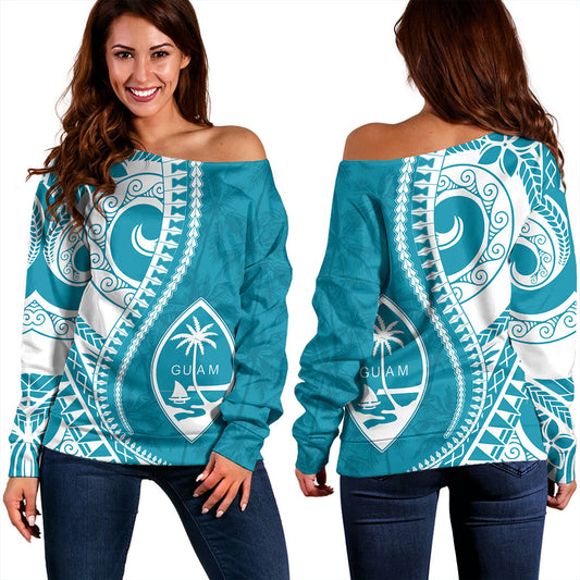 Guam Off Shoulder Sweatshirt Seat Tribal Island Coconut Tree Design