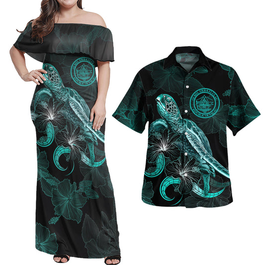 Palau Combo Dress And Shirt - Palau Coat Of Arms With Polynesian Turtle Blooming Hibiscus Turquoise