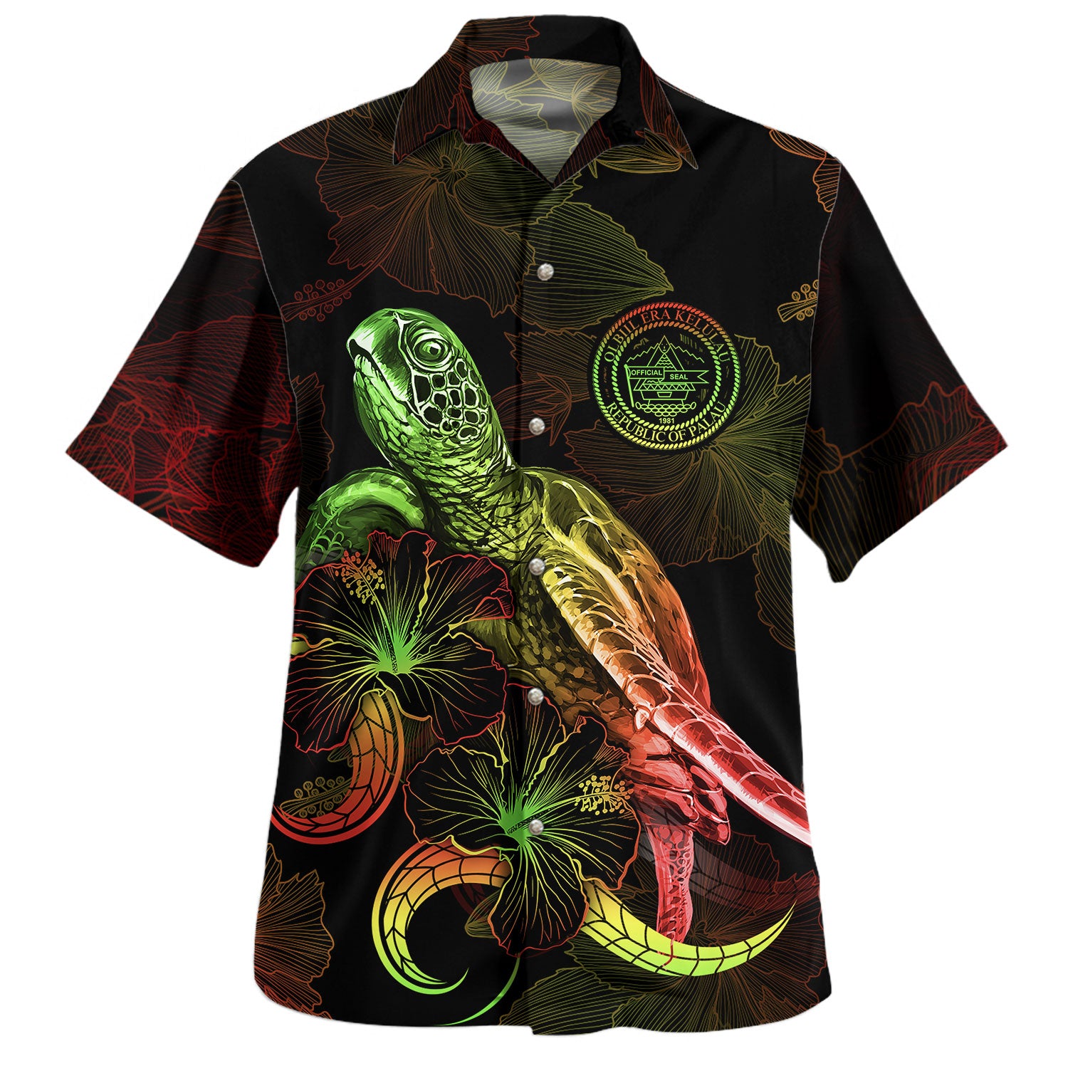 Palau Hawaiian Shirt Sea Turtle With Blooming Hibiscus Flowers Reggae