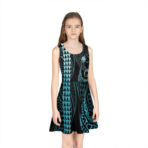 Marshall Islands Girls Sleeveless Sundress Kakau Style Turquoise