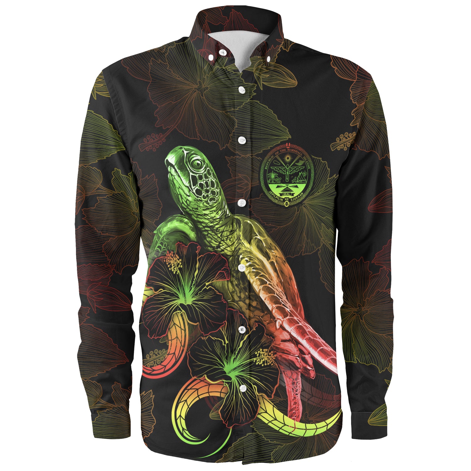 Marshall Islands Long Sleeve Shirt Sea Turtle With Blooming Hibiscus Flowers Reggae