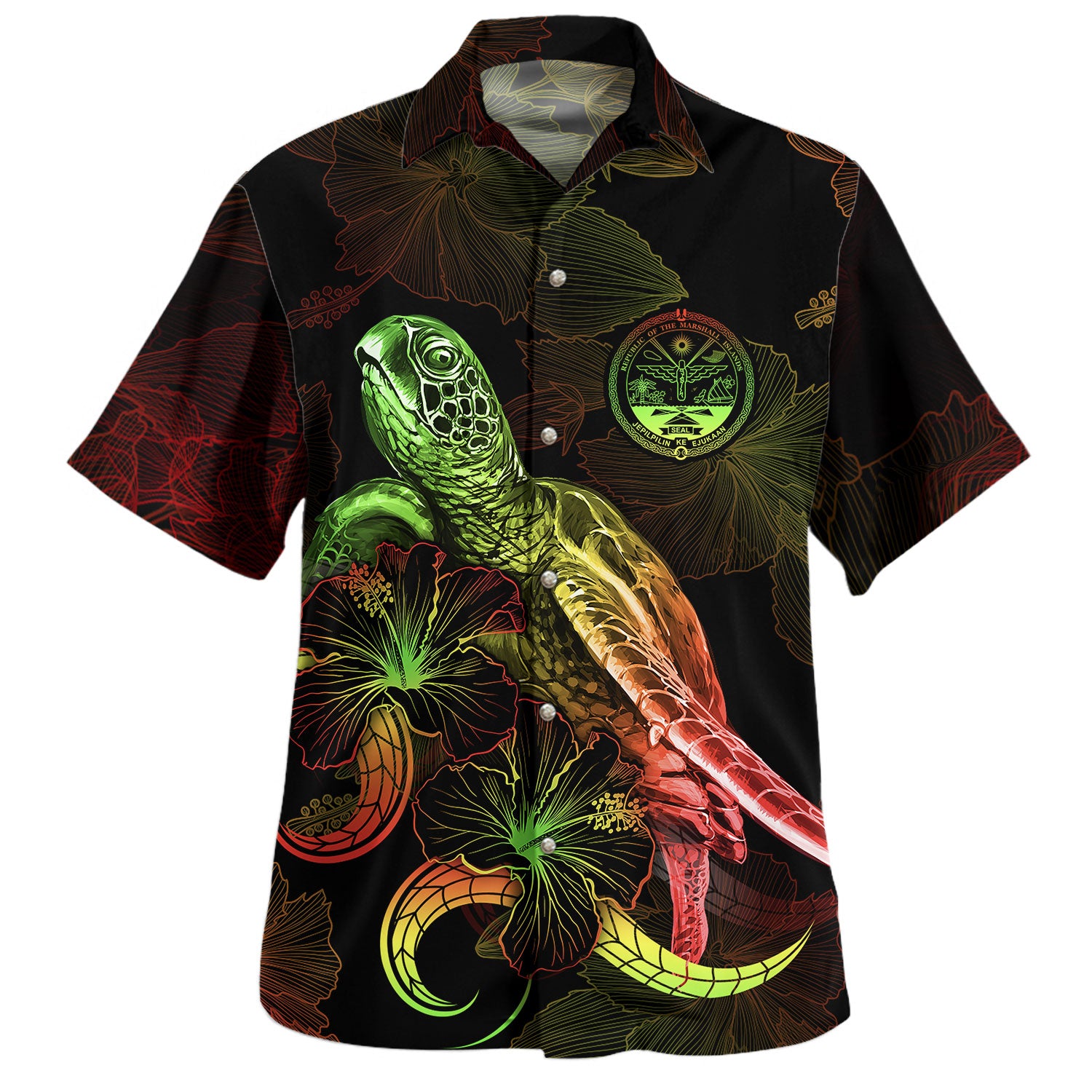 Marshall Islands Hawaiian Shirt Sea Turtle With Blooming Hibiscus Flowers Reggae