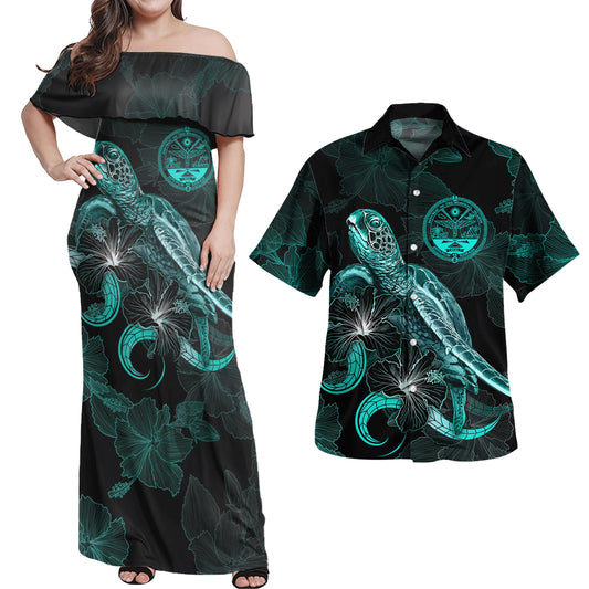 Marshall Islands Combo Dress And Shirt - Marshall Islands Coat Of Arms With Polynesian Turtle Blooming Hibiscus Turquoise