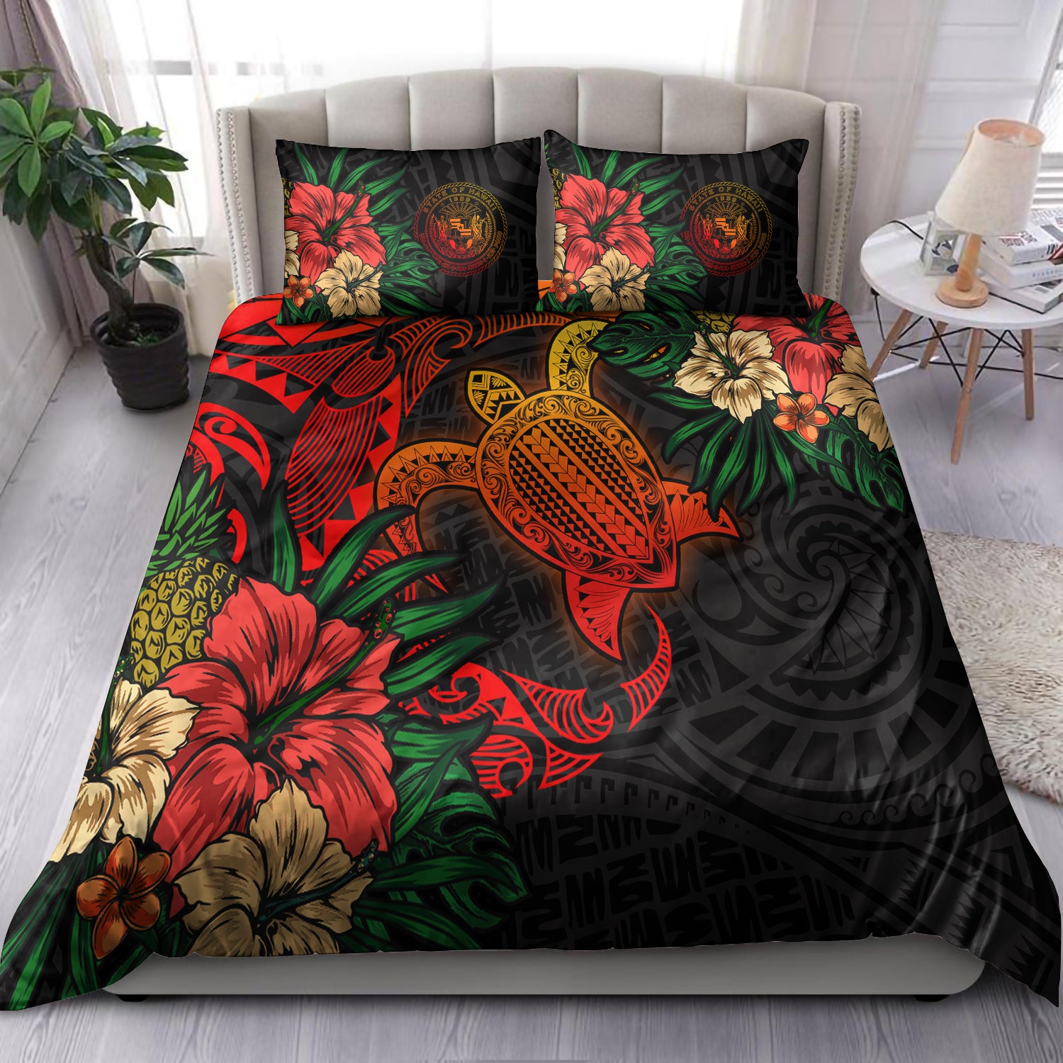 Hawaii Bedding Set - State of Hawaii Polynesian Turtle Tropical Bedding Set