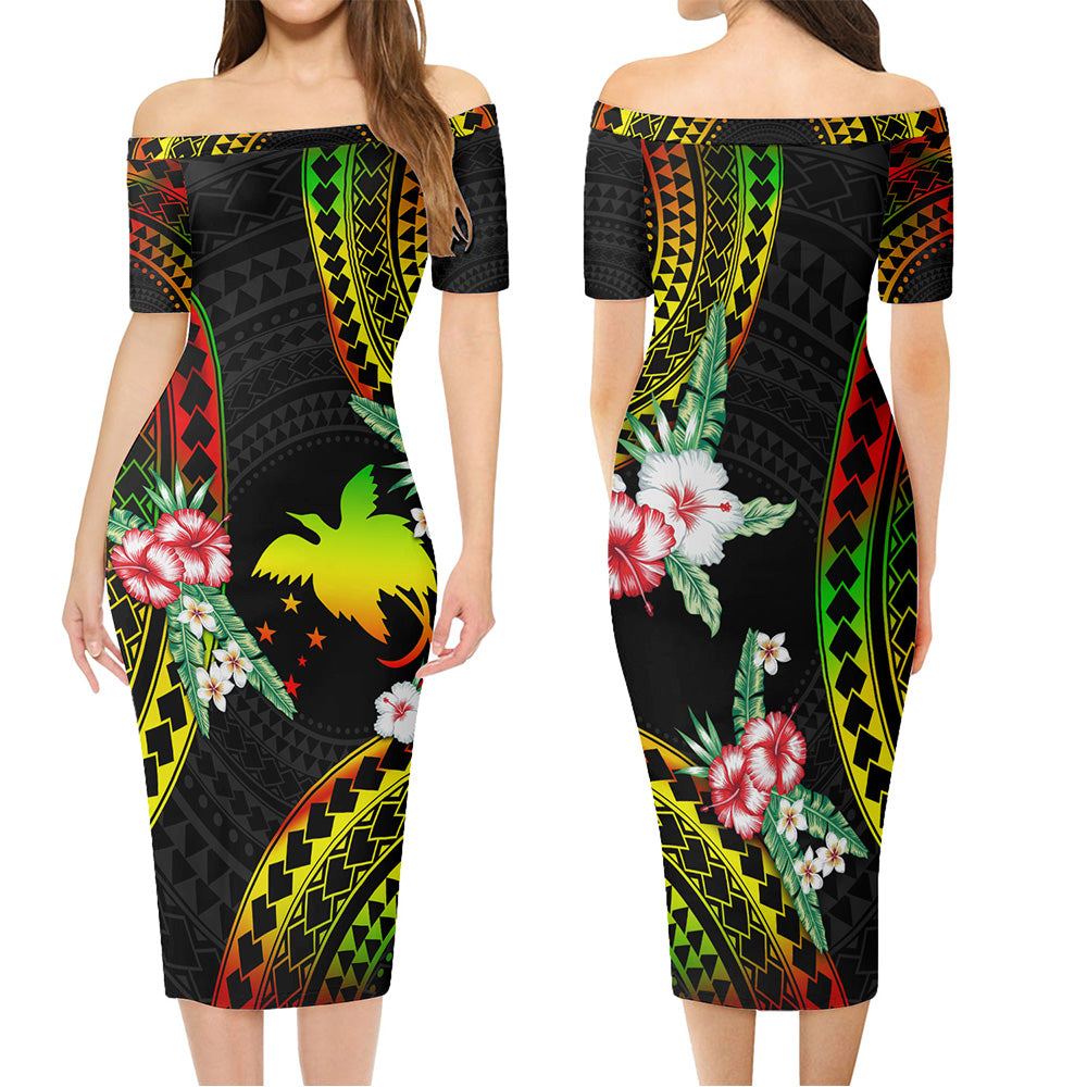 Papua New Guinea Combo Short Sleeve Dress And Shirt Polynesian Pattern Reggae Color Hibiscus Flowers