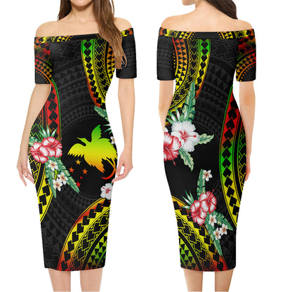 Papua New Guinea Combo Short Sleeve Dress And Shirt Polynesian Pattern Reggae Color Hibiscus Flowers