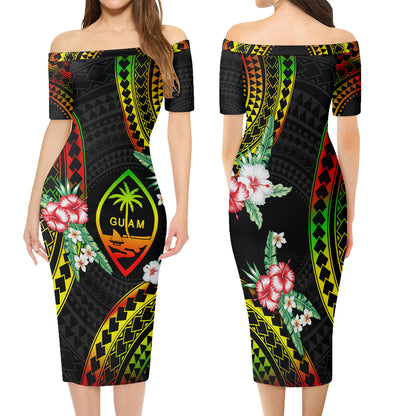 Guam Combo Short Sleeve Dress And Shirt Polynesian Pattern Reggae Color Hibiscus Flowers