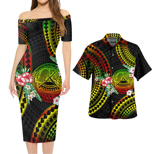 American Samoa Combo Short Sleeve Dress And Shirt Polynesian Pattern Reggae Color Hibiscus Flowers