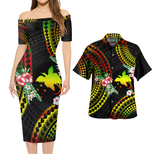 Papua New Guinea Combo Short Sleeve Dress And Shirt Polynesian Pattern Reggae Color Hibiscus Flowers