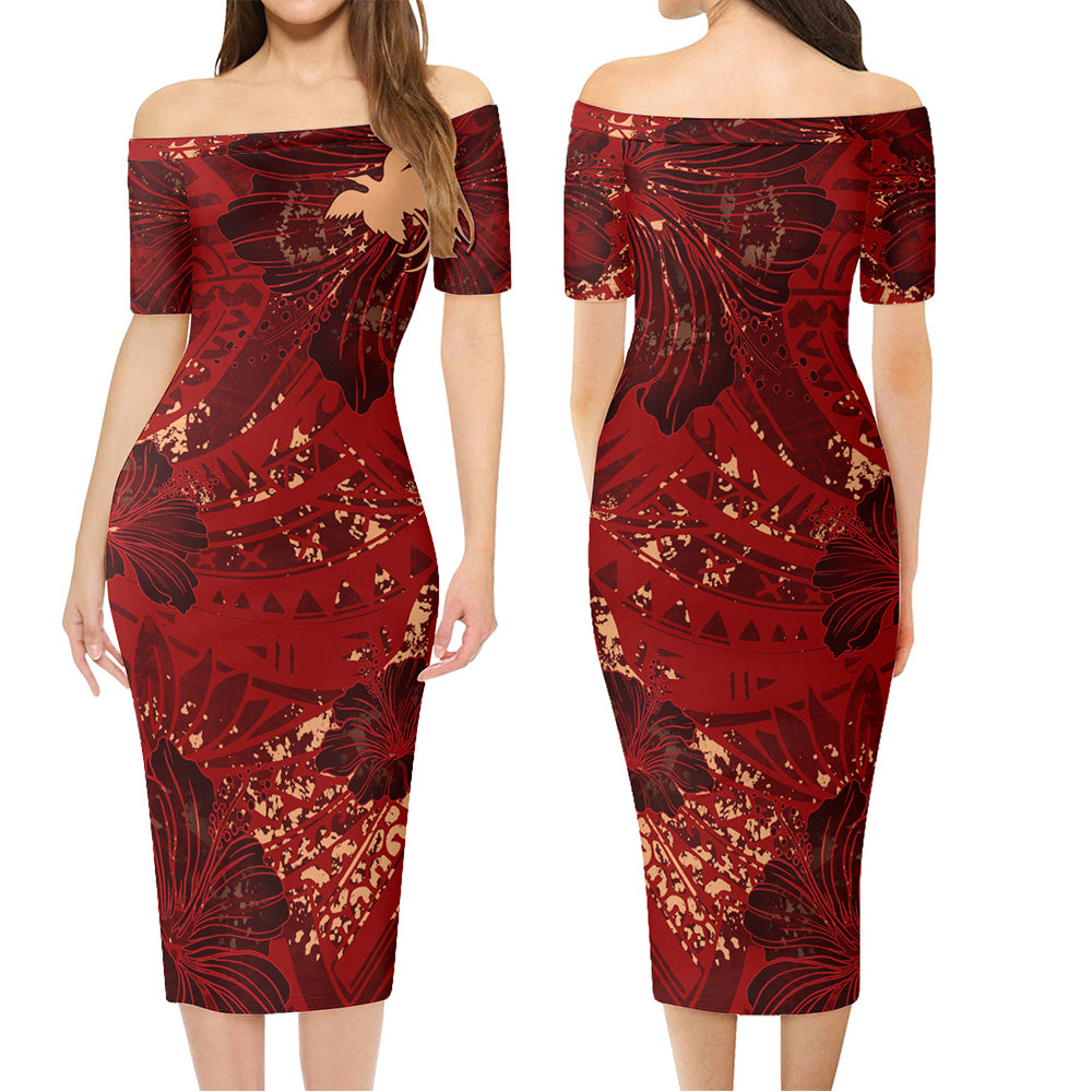 Papua New Guinea Combo Short Sleeve Dress And Shirt Hibiscus With Polynesian Pattern Red Version
