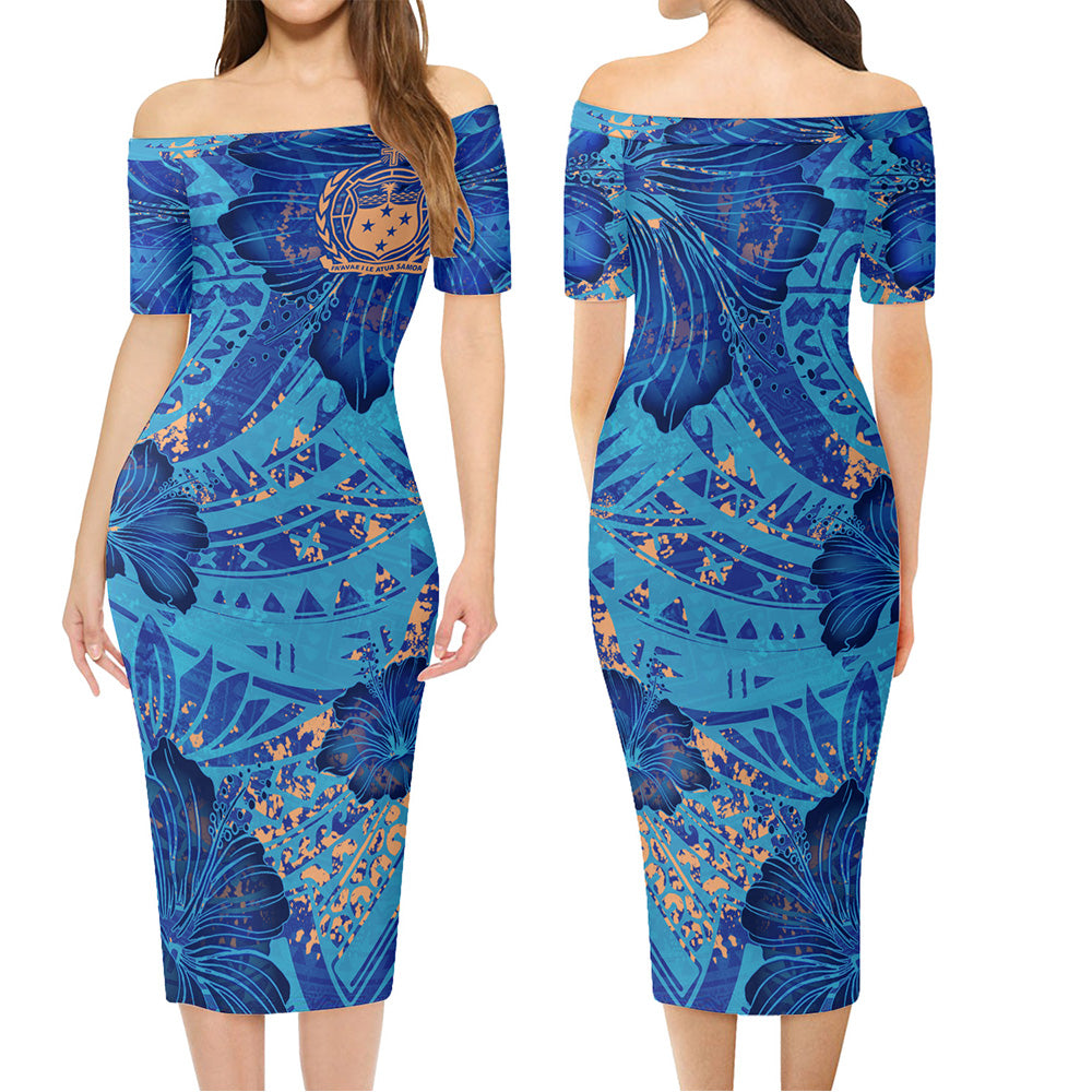 Samoa Combo Short Sleeve Dress And Shirt Hibiscus With Polynesian Pattern Blue Version