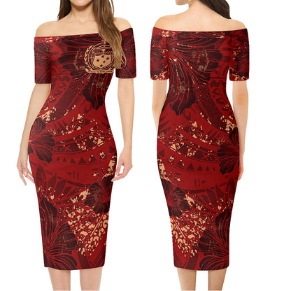 Samoa Combo Short Sleeve Dress And Shirt Hibiscus With Polynesian Pattern Red Version