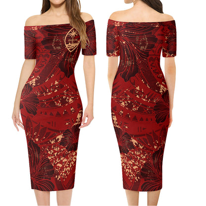 Guam Combo Short Sleeve Dress And Shirt Hibiscus With Polynesian Pattern Red Version