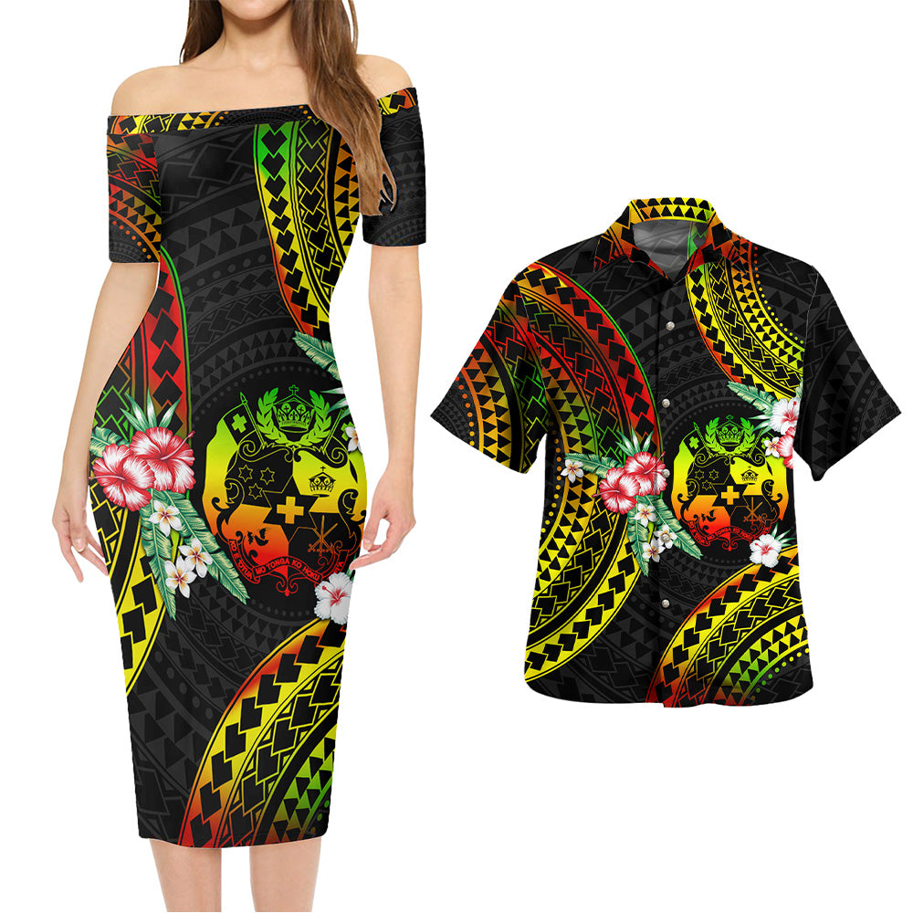 Tonga Combo Short Sleeve Dress And Shirt Polynesian Pattern Reggae Color Hibiscus Flowers