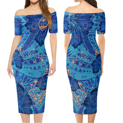 Guam Combo Short Sleeve Dress And Shirt Hibiscus With Polynesian Pattern Blue Version