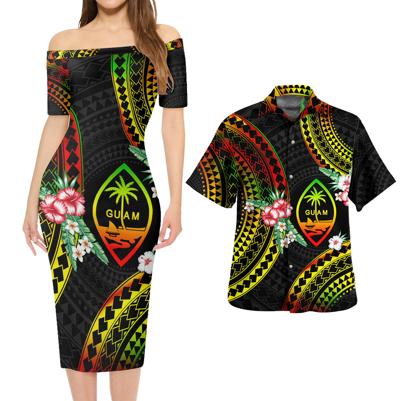 Guam Combo Short Sleeve Dress And Shirt Polynesian Pattern Reggae Color Hibiscus Flowers