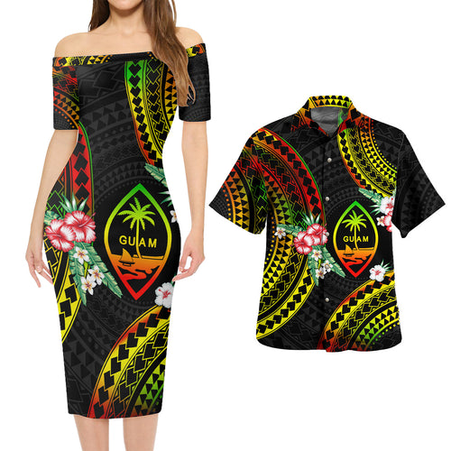 Guam Combo Short Sleeve Dress And Shirt Polynesian Pattern Reggae Color Hibiscus Flowers