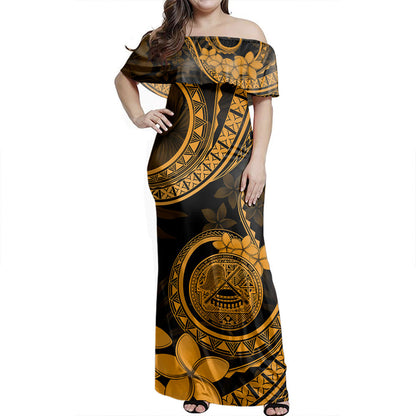 American Samoa Woman Off Shoulder Long Dress Tribal Plumeria Siapo Coat Of Arms Gold