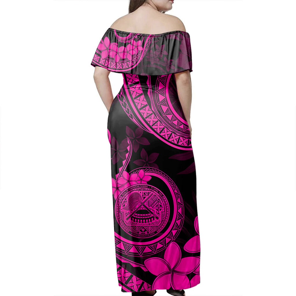 American Samoa Woman Off Shoulder Long Dress Tribal Plumeria Siapo Coat Of Arms Pink