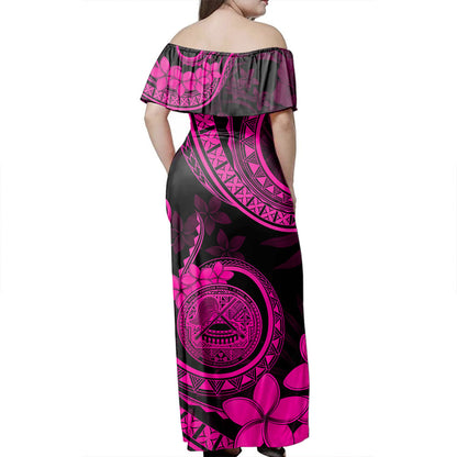 American Samoa Woman Off Shoulder Long Dress Tribal Plumeria Siapo Coat Of Arms Pink