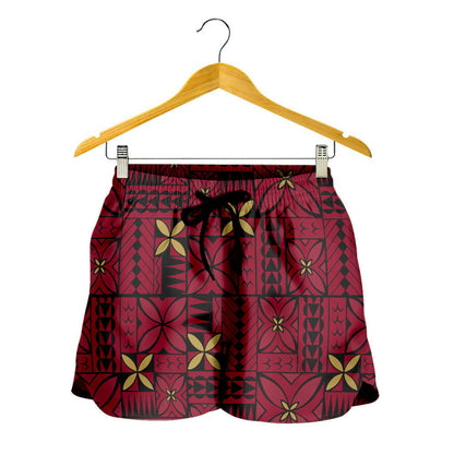 Samoa Women Shorts Siapo Design Tribal Pattern Red