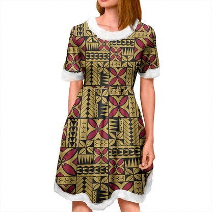 Samoa Women and Kid Christmas Dress Siapo Design Tribal Pattern