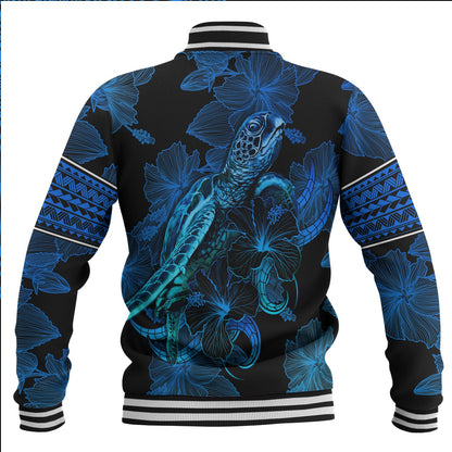 Solomon Islands Baseball Jacket Sea Turtle With Blooming Hibiscus Flowers Tribal Blue