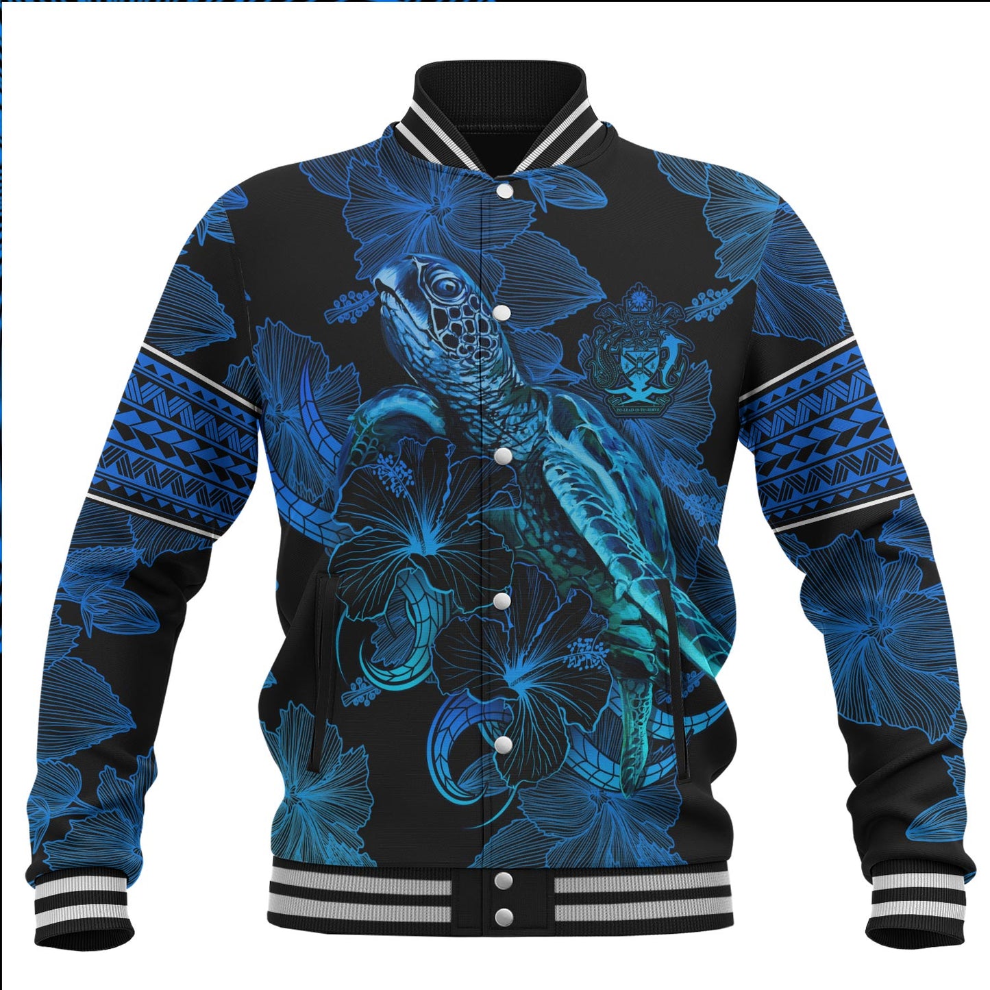 Solomon Islands Baseball Jacket Sea Turtle With Blooming Hibiscus Flowers Tribal Blue