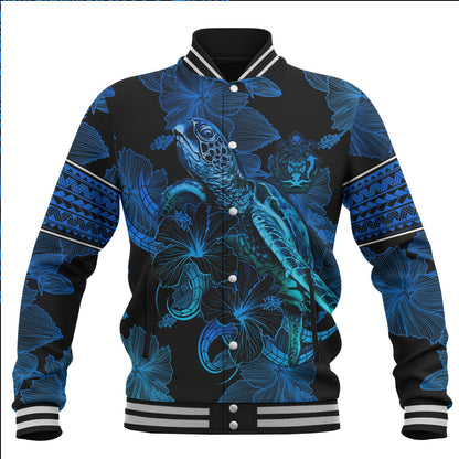 Solomon Islands Baseball Jacket Sea Turtle With Blooming Hibiscus Flowers Tribal Blue