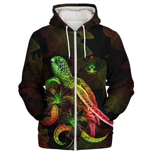 Solomon Islands Sherpa Hoodie Sea Turtle With Blooming Hibiscus Flowers Reggae