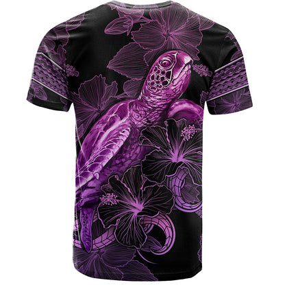 Solomon Islands T-Shirt Sea Turtle With Blooming Hibiscus Flowers Tribal Purple