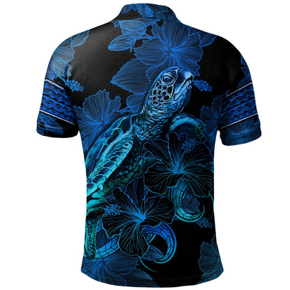 Solomon Islands Polo Shirt Sea Turtle With Blooming Hibiscus Flowers Tribal Blue