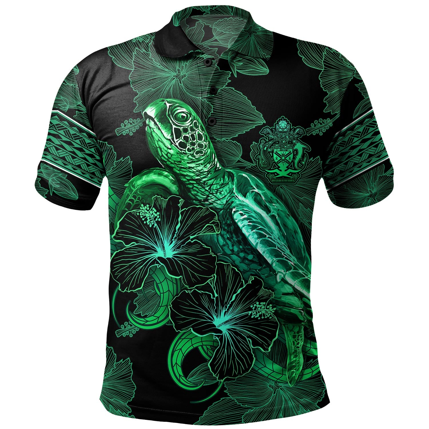 Solomon Islands Polo Shirt  Sea Turtle With Blooming Hibiscus Flowers Tribal Green