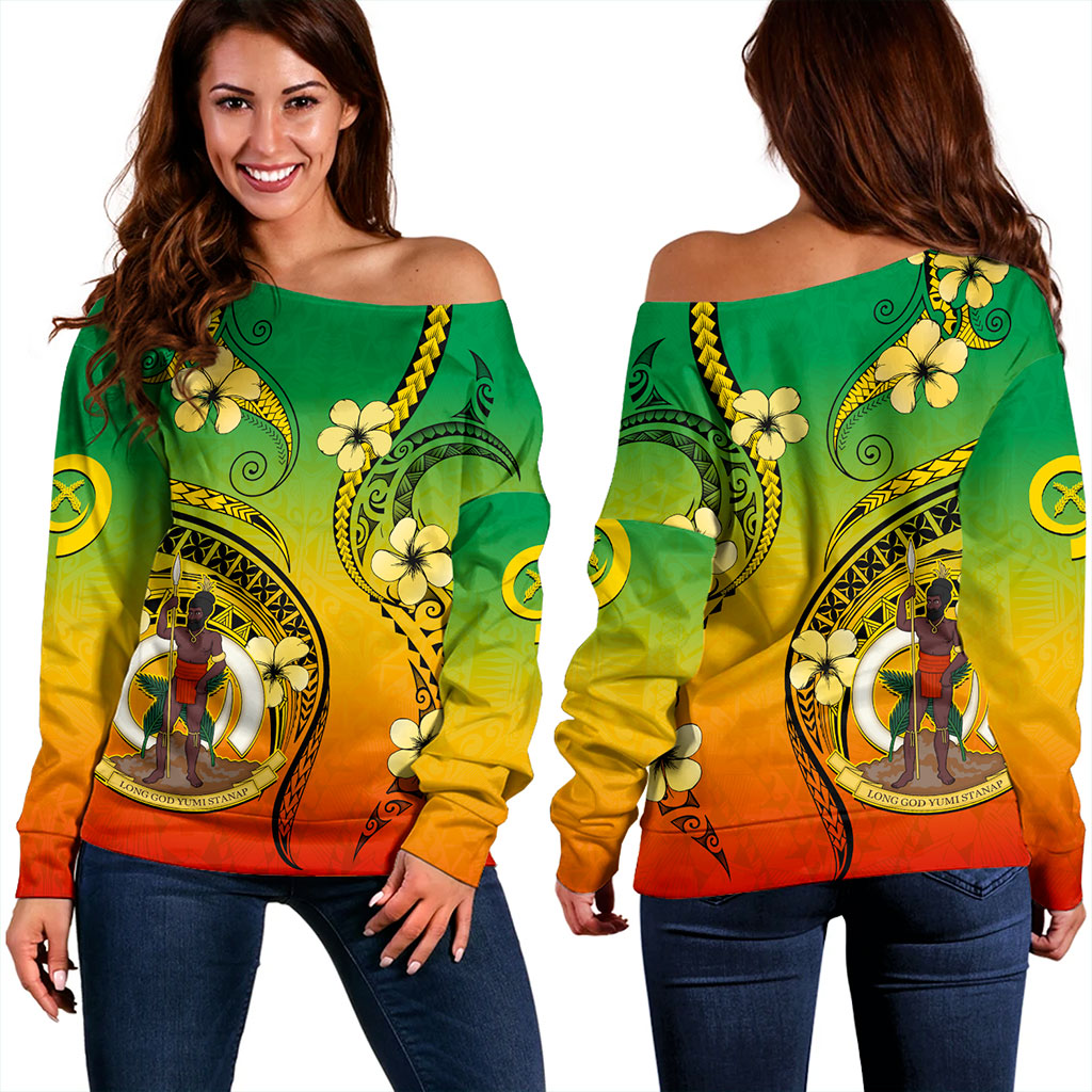 Vanuatu Off Shoulder Sweatshirt Melanesian Style Plumeria Flower