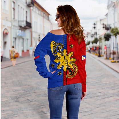 Philippines Filipinos Off Shoulder Sweatshirt Sun Star Polynesian Half Concept