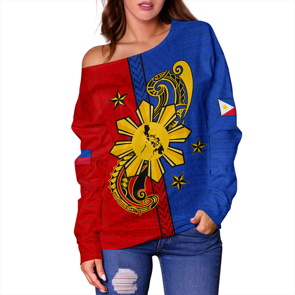 Philippines Filipinos Off Shoulder Sweatshirt Sun Star Polynesian Half Concept