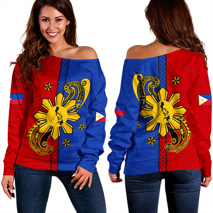Philippines Filipinos Off Shoulder Sweatshirt Sun Star Polynesian Half Concept