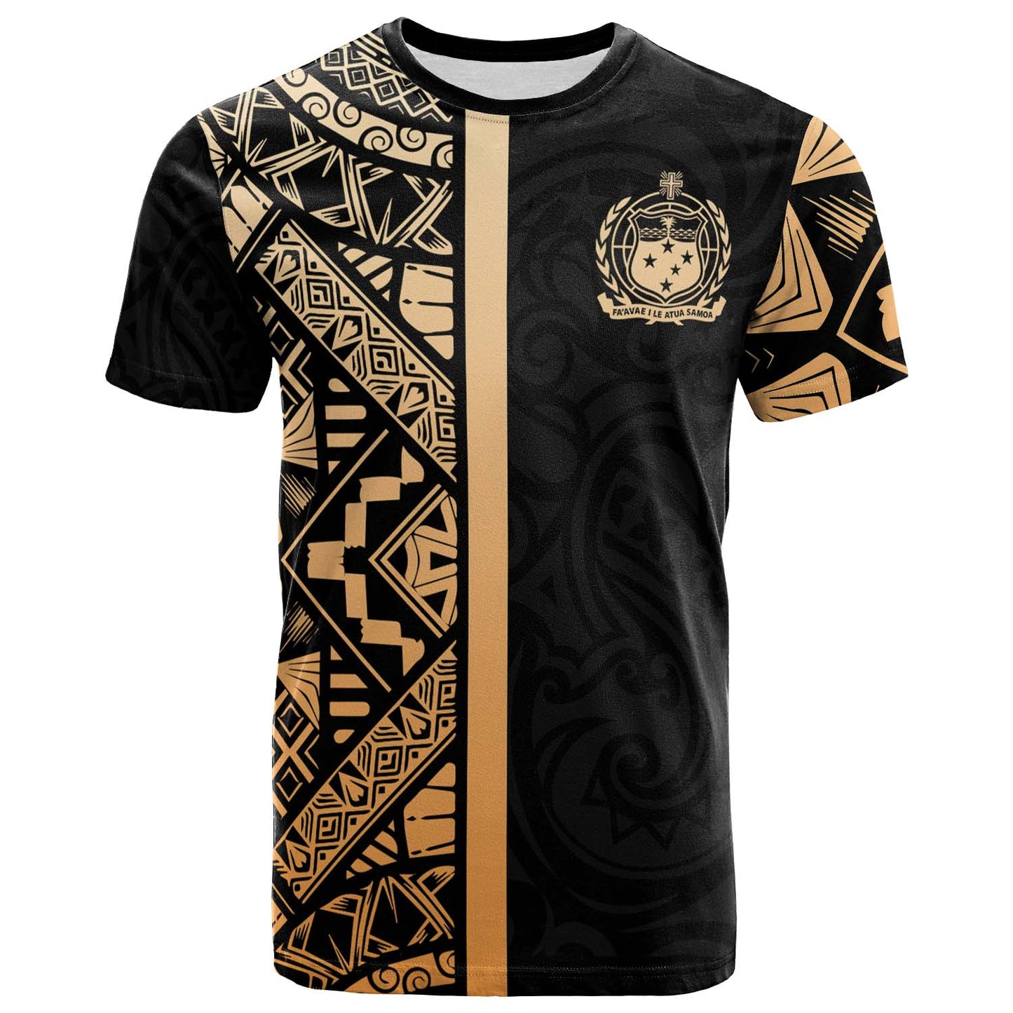 Samoa T-Shirt - Samoa Coat Of Arms With Polynesian Tribal Pattern Gold