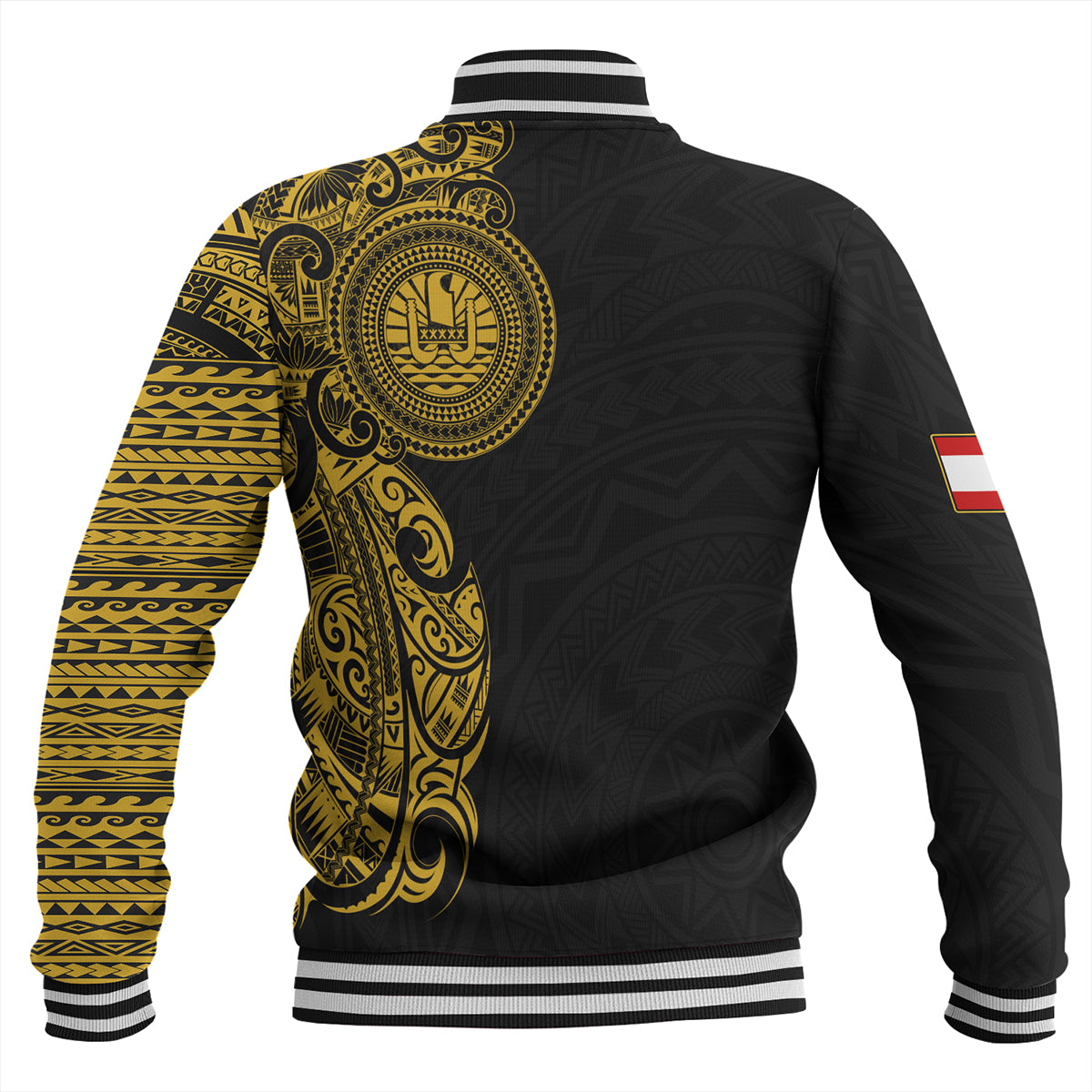 Tahiti Baseball Jacket Custom Polynesian Half Sleeve Gold Tattoo With Seal Black