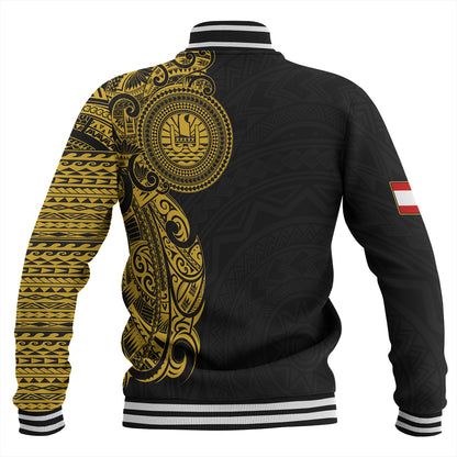 Tahiti Baseball Jacket Custom Polynesian Half Sleeve Gold Tattoo With Seal Black