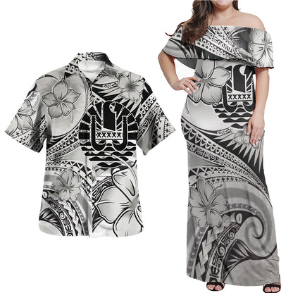 Tahiti Combo Off Shoulder Long Dress And Shirt Polynesian Tribal Waves Patterns Hibiscus Flowers