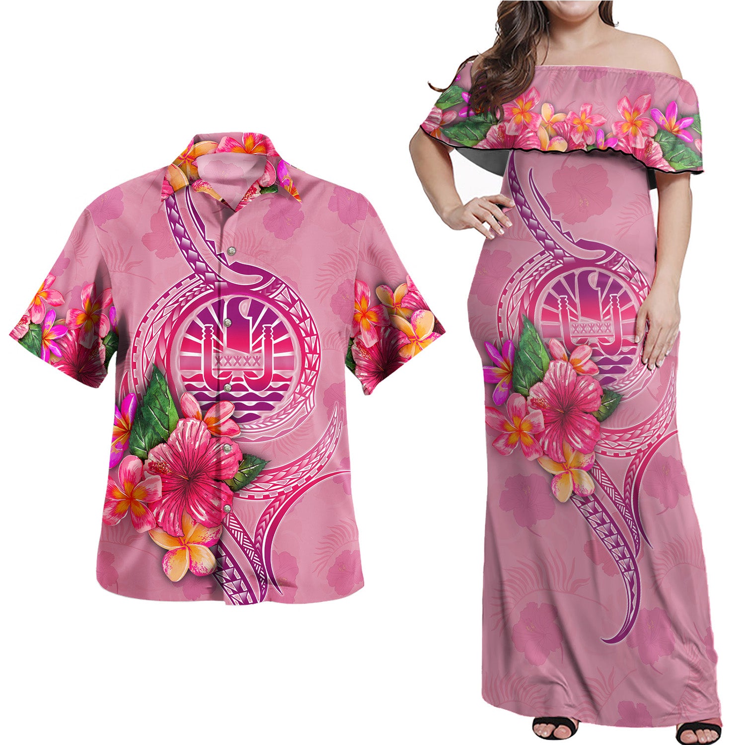 Tahiti Combo Off Shoulder Long Dress And Shirt Floral With Seal Pink