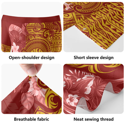 Tahiti Combo Short Sleeve Dress And Shirt Polynesian Tropical Plumeria Tribal Red