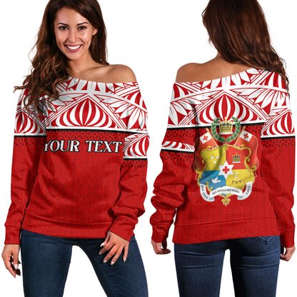 Tonga Custom Personalised Off Shoulder Sweatshirt Coat Of Arms Ngatu Patterns Design